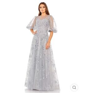NEW Mac Duggal women’s embroidered illusion high neck puff sleeve dress size 16